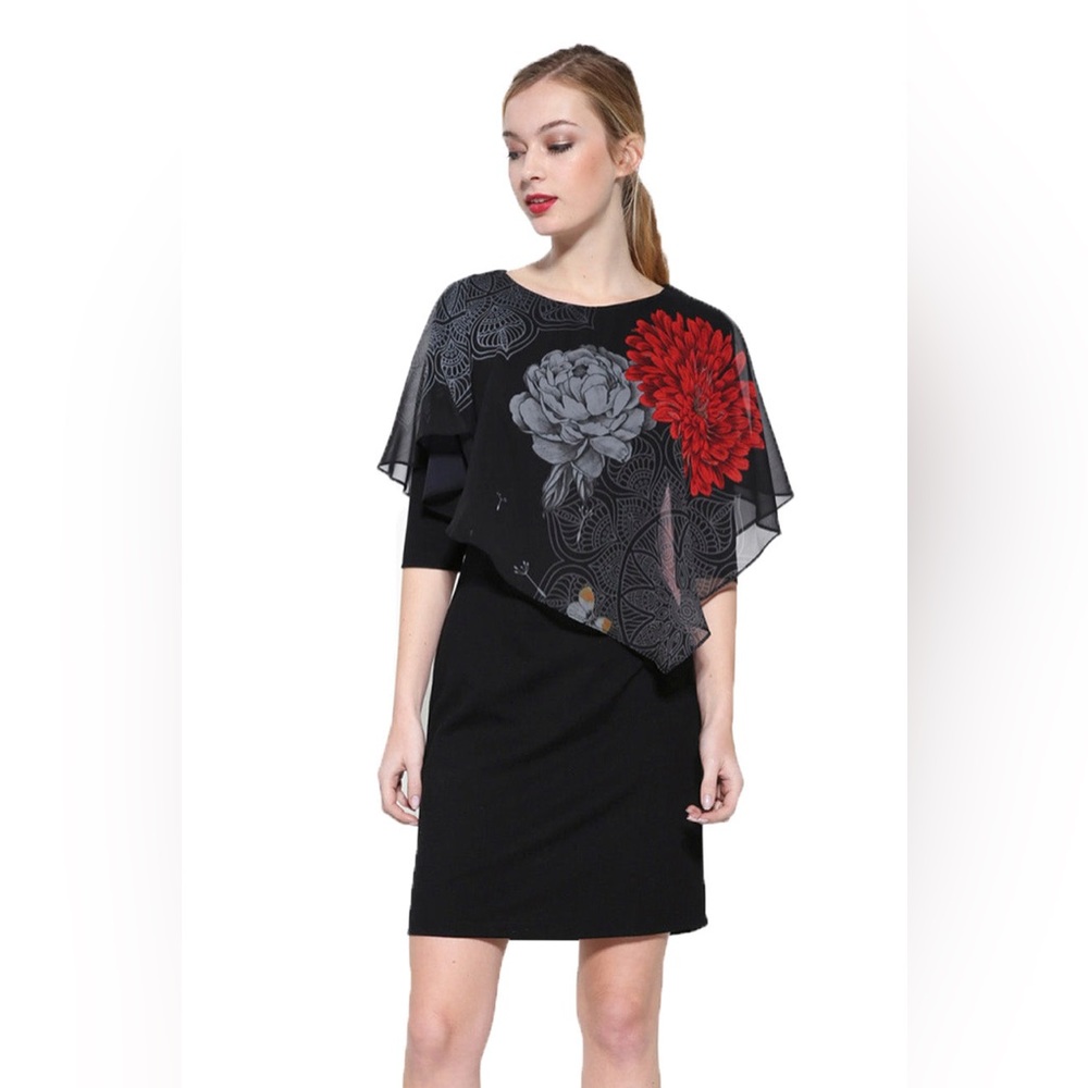 Desigual Alexandre Dress Black Chiffon Layers with Flowers XXL